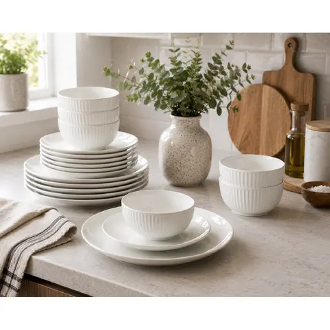 Waterside 18pc Embossed Porcelain Coupe Dinner Set – image 2