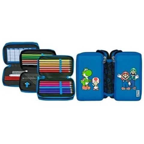 Federmäppchen SCOOLI "Tripledecker, Super Mario", Kinder, bunt (super mario), Polyester, Schreibgeräteetuis Federmäppchen, befüllt, inklusive Geodreieck super m – Bild 2