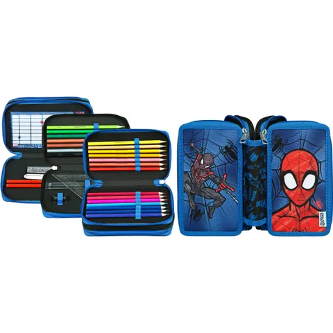 Federmäppchen SCOOLI "Tripledecker, Spider-Man", Kinder, bunt (spinder man), Polyester, Schreibgeräteetuis Federmäppchen, befüllt, inklusive Geodreieck spinder  – Bild 2