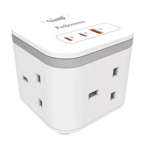 Fellowes 3 Socket 2m USB-A & USB-C Power Cube - White – image 2