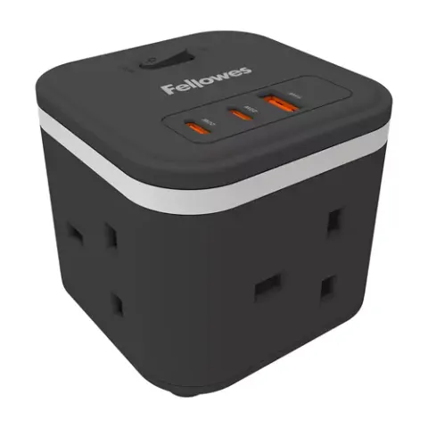 Fellowes 3 Socket 2m USB-A & USB-C Power Cube - Black – image 2