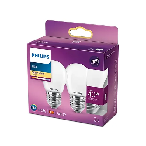 Philips LED-Lampe E27 P45 4,3W 2.700K opal 2er – Weiß – Bild 2