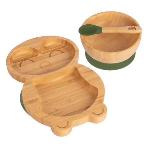 Tiny Dining 3pc Penguin Bamboo Suction Dinner Set - Olive Green – image 1