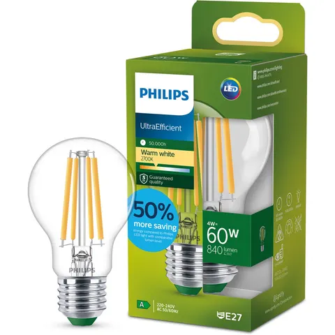Philips Ultra Efficient LED lamp Transparant - 60 W - E27 - Warmwit licht – afbeelding 2