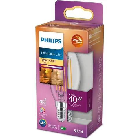 Philips LED Kaars E14 Transparant 40W Dimbaar Warm Wit Licht – afbeelding 2