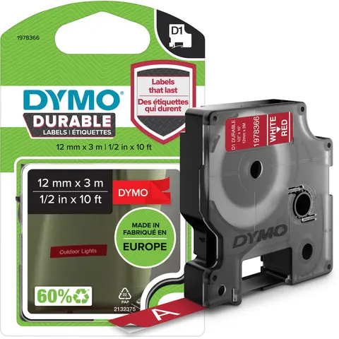 Labeltape Dymo LabelManager D1 polyester 12mm wit op rood – afbeelding 2