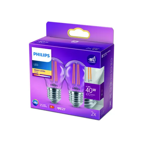 Philips LED-Lampe E27 P45 4,3W Filament 2700K 2er – Transparent – Bild 3