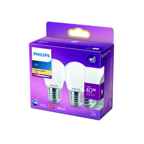Philips LED-Lampe E27 P45 4,3W 2.700K opal 2er – Weiß – Bild 3