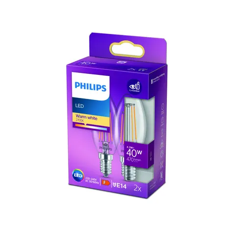 Philips LED-Kerze Filament E14 4,3W 2.700K 2er – Transparent – Bild 3