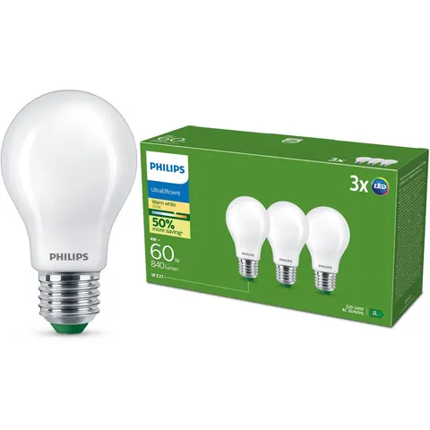 Philips UltraEfficient LED lamp Mat - 60W - E27 fitting - Warmwit licht; 2700K - Ultra Efficiënt: Energielabel A - 3-pack – afbeelding 2