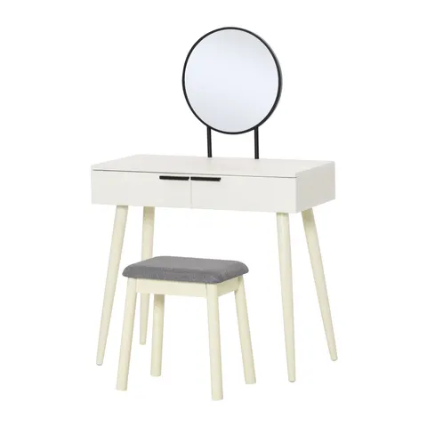 Dressing Table Vanity Set Makeup Desk with Round Mirror Cushioned Stool White – image 2