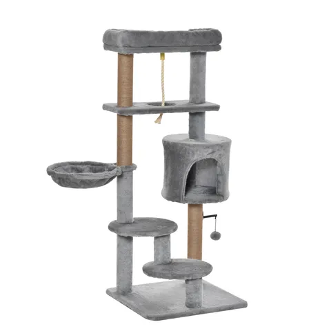 PawHut 120cm Cat Tree Tower with Scratch Post Perch Hammock Condo Light Grey – image 3