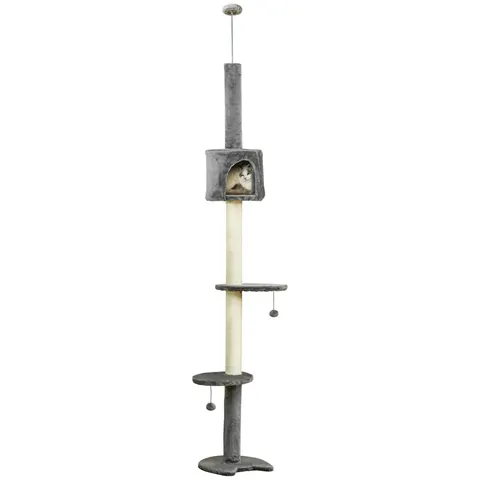 PawHut Floor to Ceiling Cat Tree with Condo Scratching Post, Light Grey – image 3