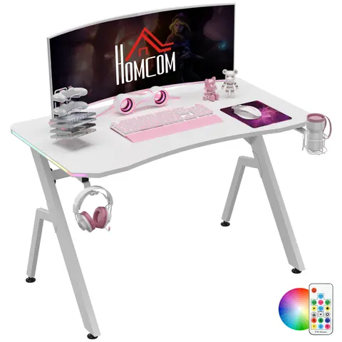 Gaming Desk Racing Style Computer Table RGB LED Lights, Hook, White – image 3