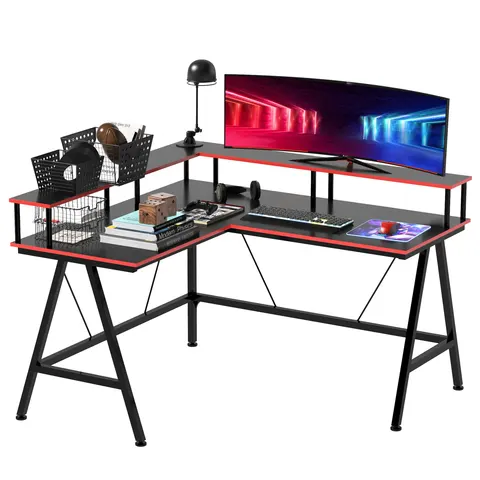 L-Shape Corner Gaming Desk Shelf Workstation, Black Red – image 2