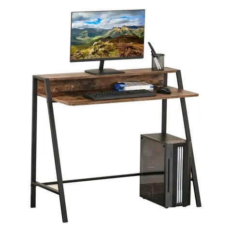 HOMCOM 2-Tier Storage Computer Workstation Metal Frame Rustic Brown 84cm – image 3