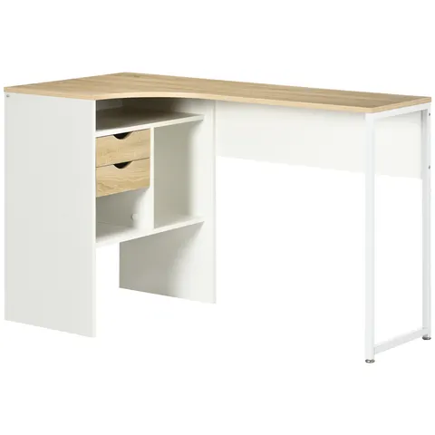 L-Shaped Corner Computer Desk Storage Workstation Oak and White – image 2