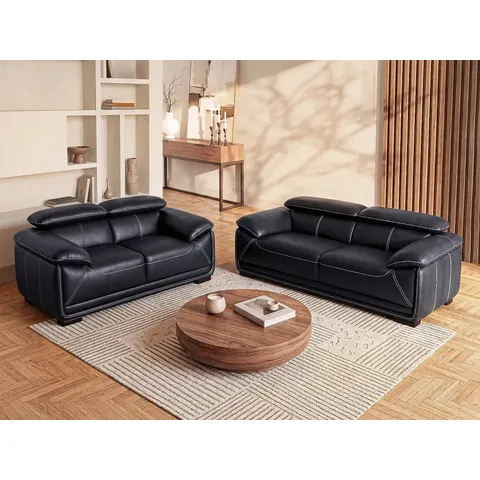 vente-unique.com Ensemble canapé cuir noir 204x75x97cm – image 2