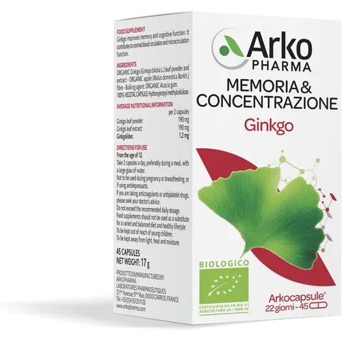 arkofarm arkocps Arkocapsule Ginkgo Bio Integratore 45 Capsule – immagine 5