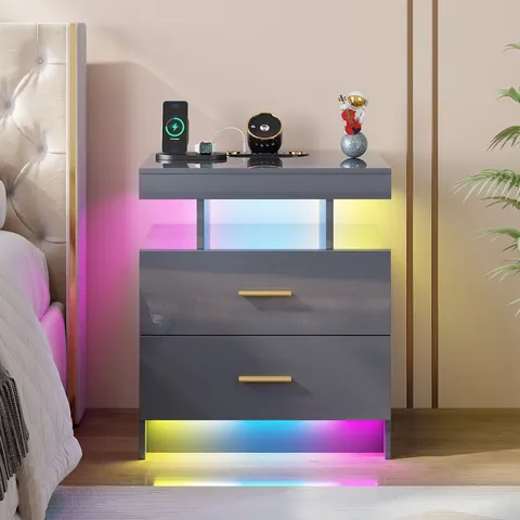 Metro Bedside Table with RGB Sensor Lights, Starlight Projections, Charging Station, Bluetooth and Speaker Grey 58cm H X 50cm W X 40cm D – image 2