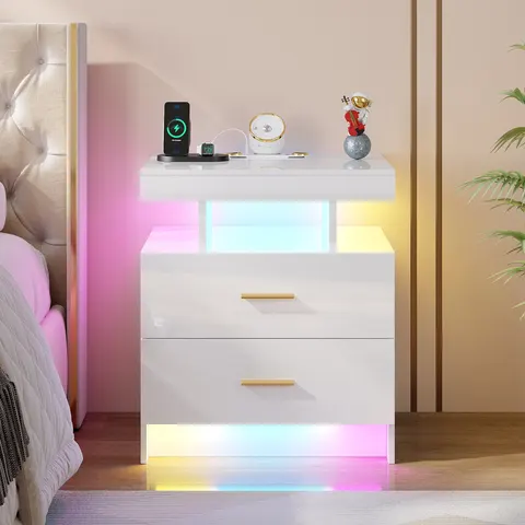 Metro Bedside Table with RGB Sensor Lights, Starlight Projections, Charging Station, Bluetooth and Speaker White 58cm H X 50cm W X 40cm D – image 2