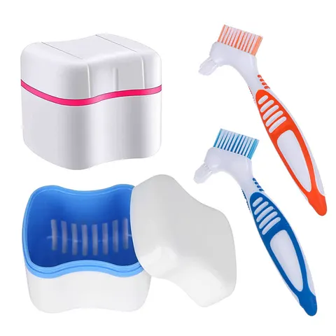 Denture Cleaner Box and Brush Set - 2 Pack Denture Bath Case with Basket + 2 Pack Denture Brush, Portable Denture Retainer Storage Box, Premium – image 2