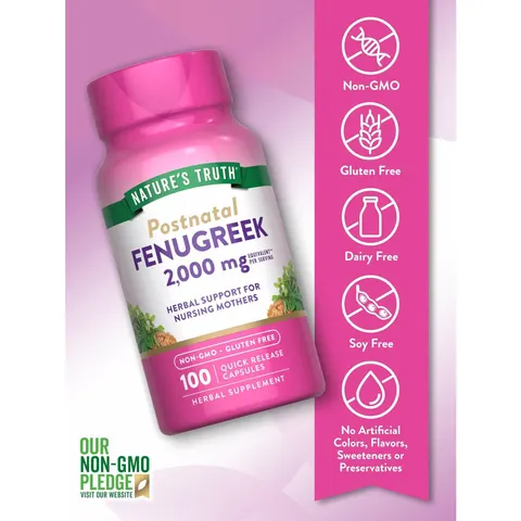 NATURE'S TRUTH Fenugreek, 2000mg per Serving, 100 Capsules, Postnatal – image 2