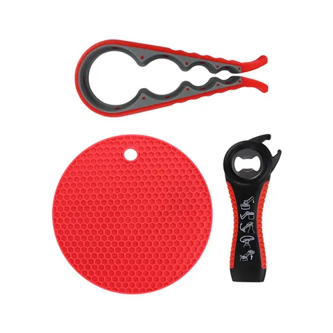 3 Piece Jar Opener Set for Weak Hands, Multi Function Can Opener Set Red – image 2