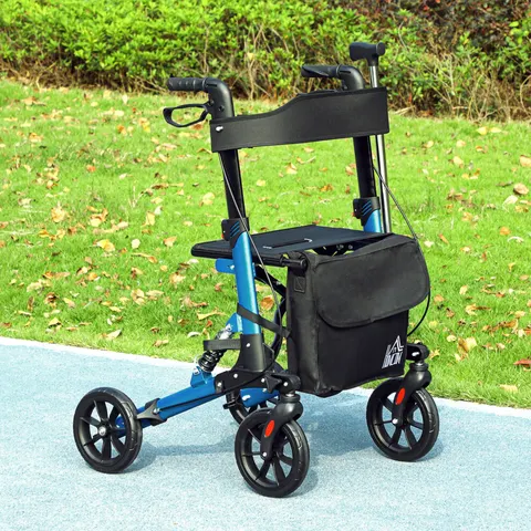 HOMCOM Folding Rollator Walker with Seat, Backrest, Bag, 4 Wheels, Blue – image 2